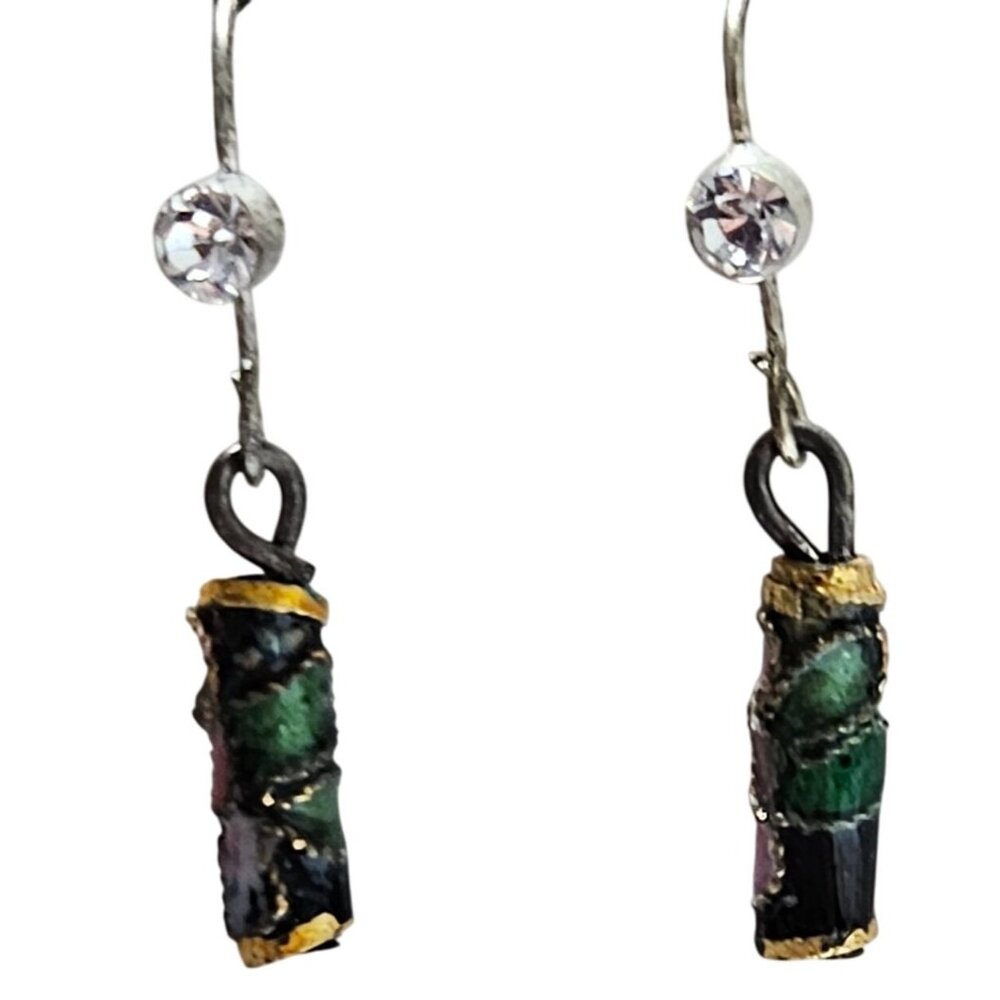 Elegant Vintage Green Cloisonné Dangle Earrings Rhinestone Accents Jewelry Women